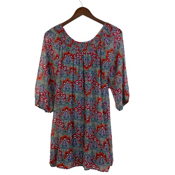 My Michelle 3/4 Sleeve Multi Floral Smocked Popover Layered Sheer Midi Dress - Picture 2 of 6